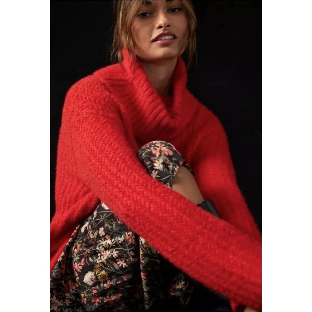 Anthropologie‎ MAEVE Cowl Neck Pullover Sweater Knit Solid Red Turtleneck Small